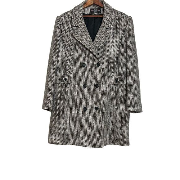Vintage Alorna Wool Herringbone Tweed Double Breasted Coat Black White Sz Large - Picture 1 of 9